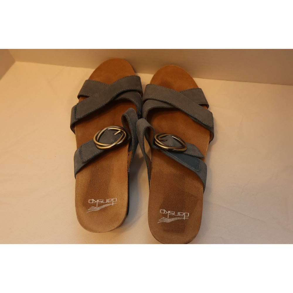 Dansko Wedge Sandals EUC Blue Suede Strappy Adjustable Buckle Cork Sole SZ 41 - Picture 4 of 7